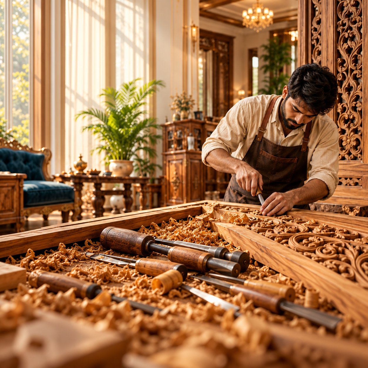 Master woodworker crafting bespoke furniture in Saharanpur workshop